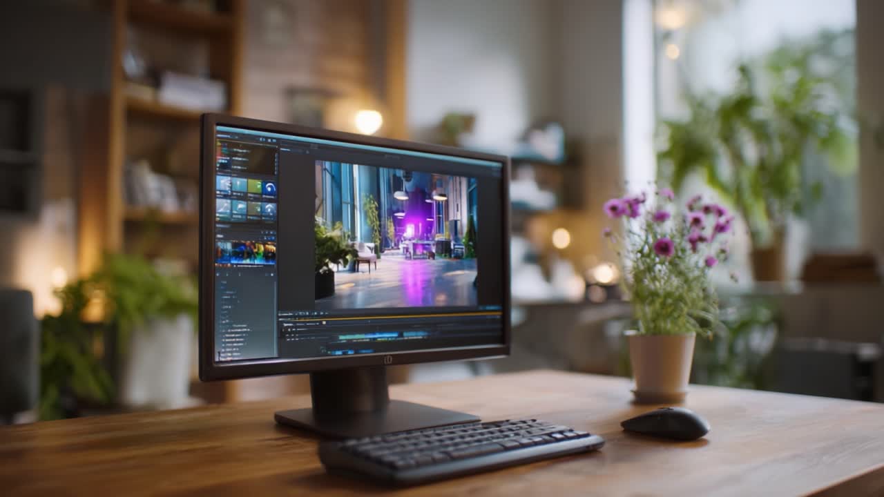 Un elegante monitor che mostra grafica colorata in uno spazio di lavoro moderno con decorazioni vegetali e illuminazione naturale, per ispirare la creatività e la produttività