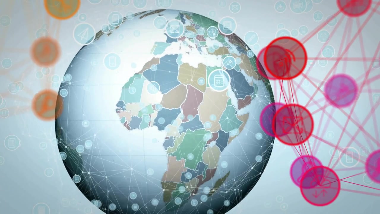 All'inizio, un globo 3D che ruota a destra, tracciando linee di rete e nodi pulsanti che visualizzano il flusso di dati