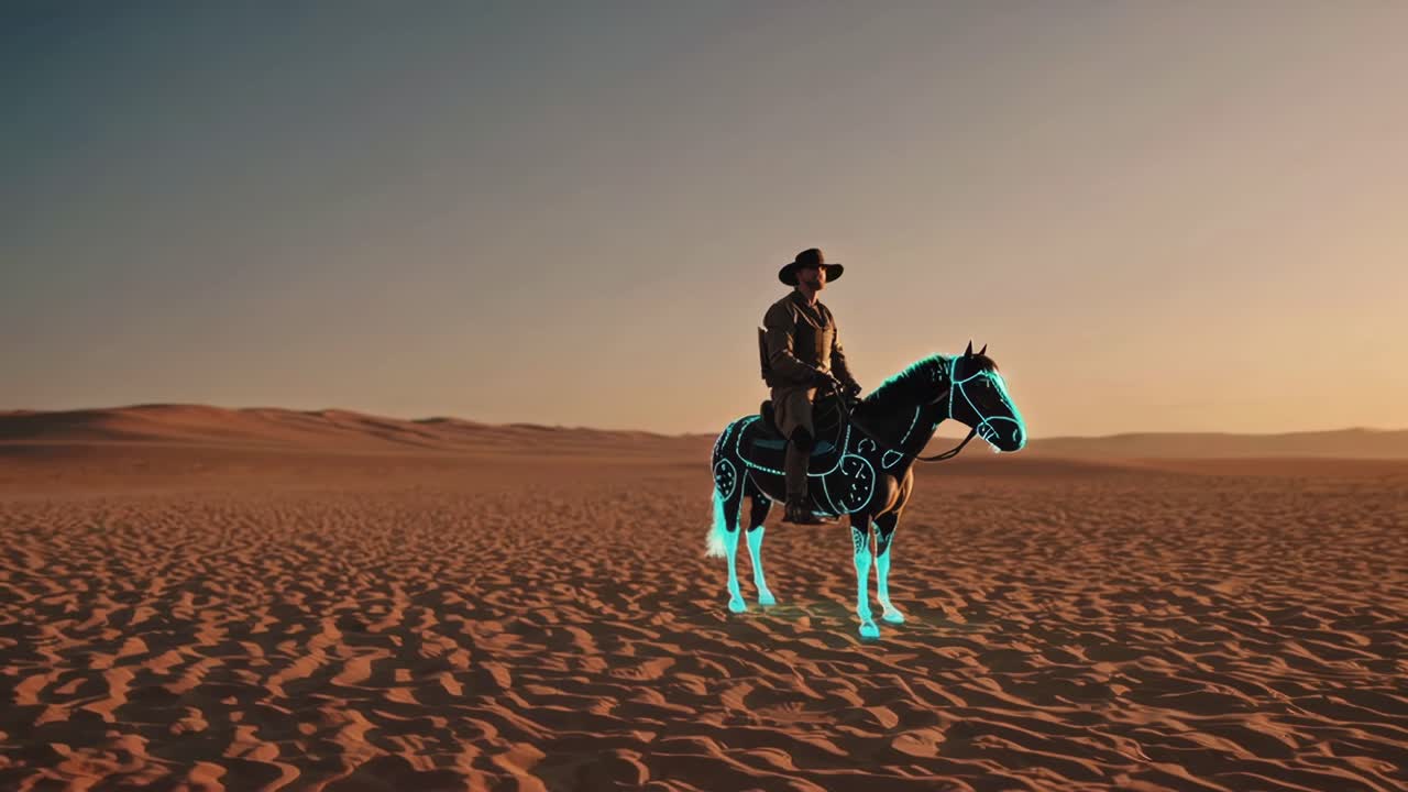 Cowboy on a futuristic horse in the desert at sunset