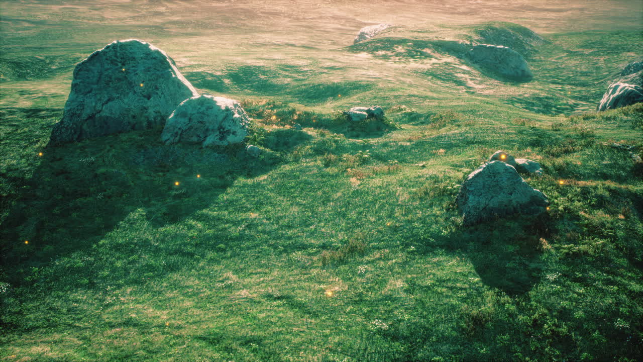 바위 와 녹색 잔디 가 있는 알프스 초원