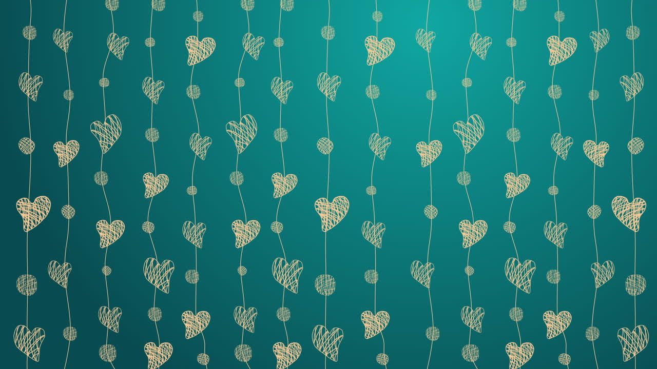 Abstract hand drawn pattern of yellow hearts on threads on a green background. Looped animation.