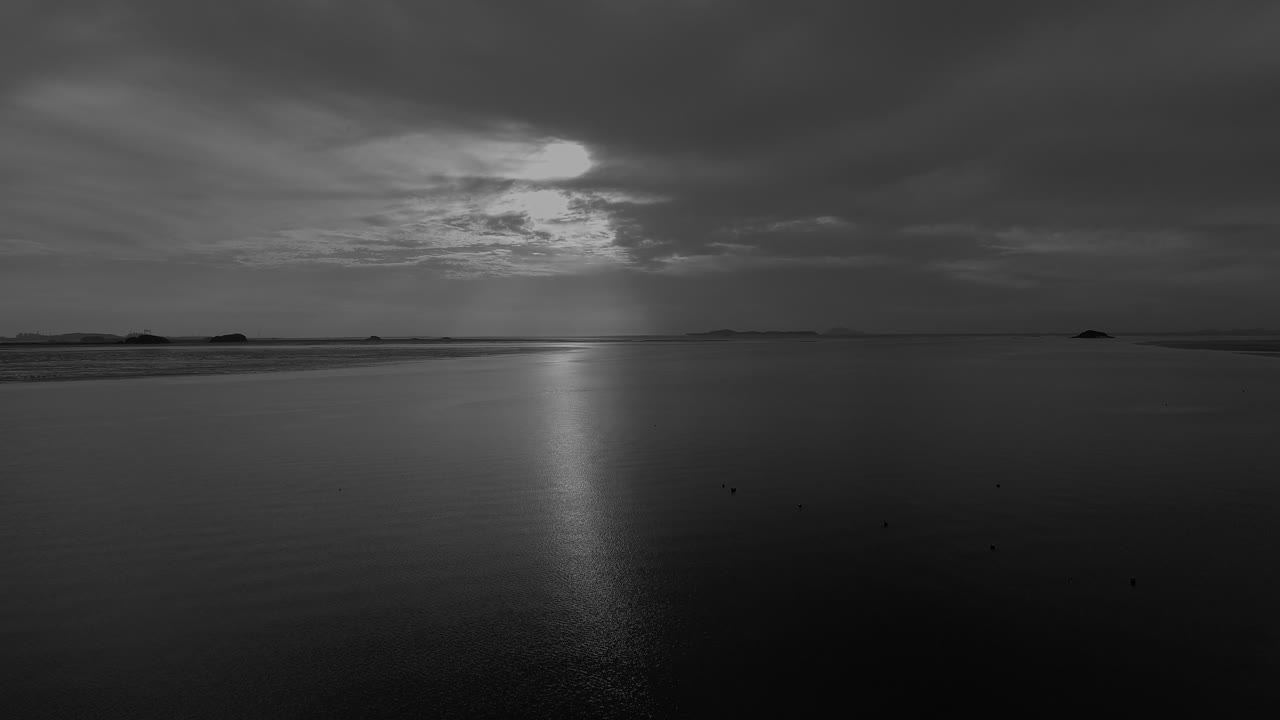A view of the low tide of the sea at sunset, drone shot, backward, black and white