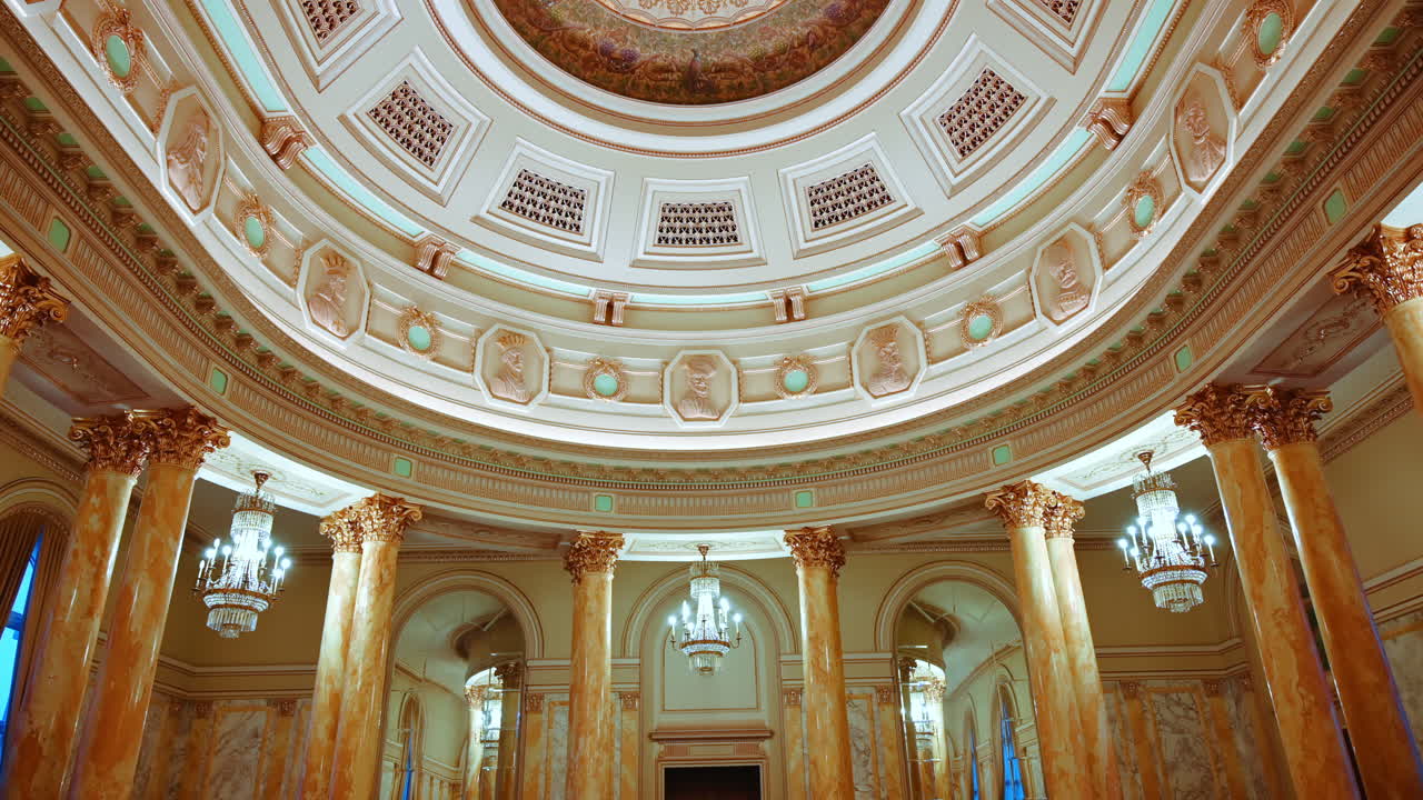 Woman in front of the Manu-Auschnitt House, tourist attraction in Bucharest, Romania