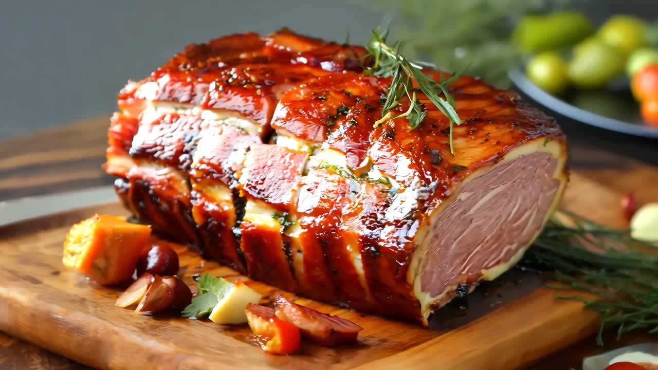 Una tavola da taglio in legno coperta di carne ricoperta di salsa