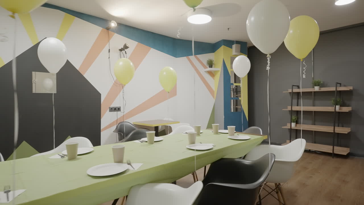 Empty Party Room Decorated with Balloons and Set Table