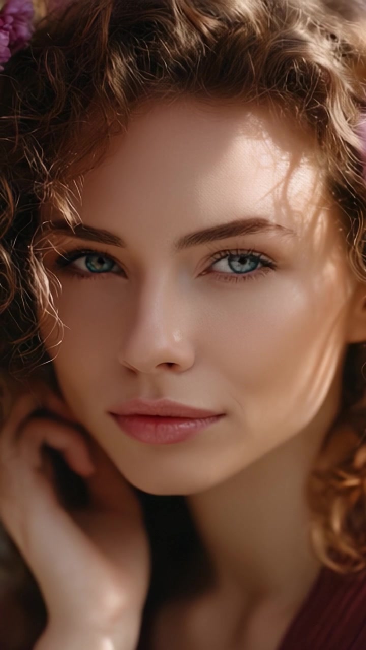 Un ritratto accattivante che mostra la bellezza di una giovane donna con lineamenti delicati, pelle luminosa e occhi azzurri espressivi adornata con graziosi accenti floreali.