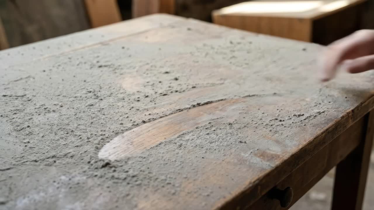 Mano che pulisce uno spesso strato di polvere da un vecchio tavolo di legno