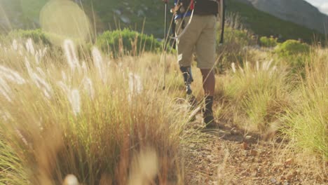 hombre de raza mixta con pierna protésica caminando en la naturaleza