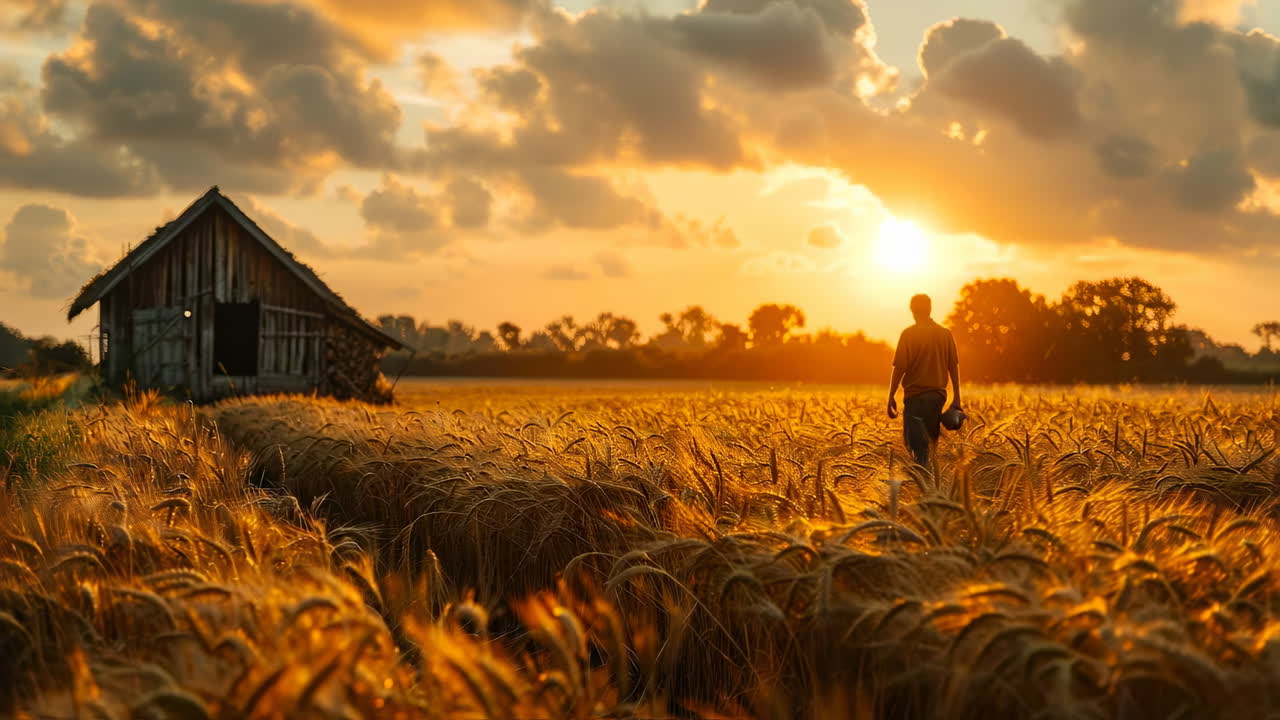 Wheat fields at sunset. Wheat fields glow under a sunset as a farmer walks towards a rustic farmhouse, capturing a peaceful rural evening