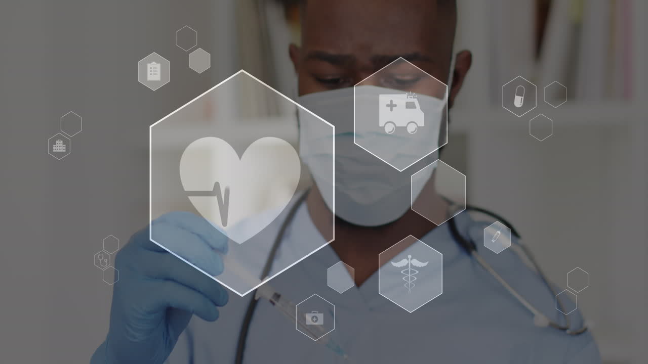 병병에서 주사기를 채우는 아프리카계 미국인 남성 의사에 대한 의료 아이콘의 애니메이션