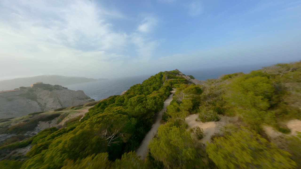 fpv 드론은 해안에서 마요르카 숲 나무 위로 바다와 물 위로 낮게 날고 있습니다.