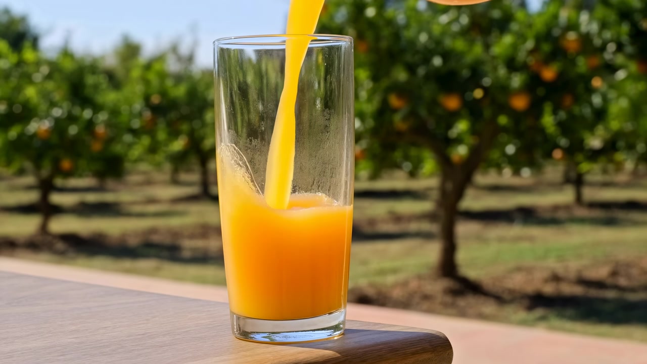 Succo d'arancia illuminato dal sole che si versa in un bicchiere con sfondo di frutteto, bordo di tavolo in legno, polpa visibile e colori vivaci.