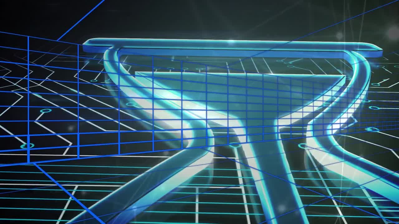 어두운 배경 위에 연결 네트워크와 모래시계의 애니메이션