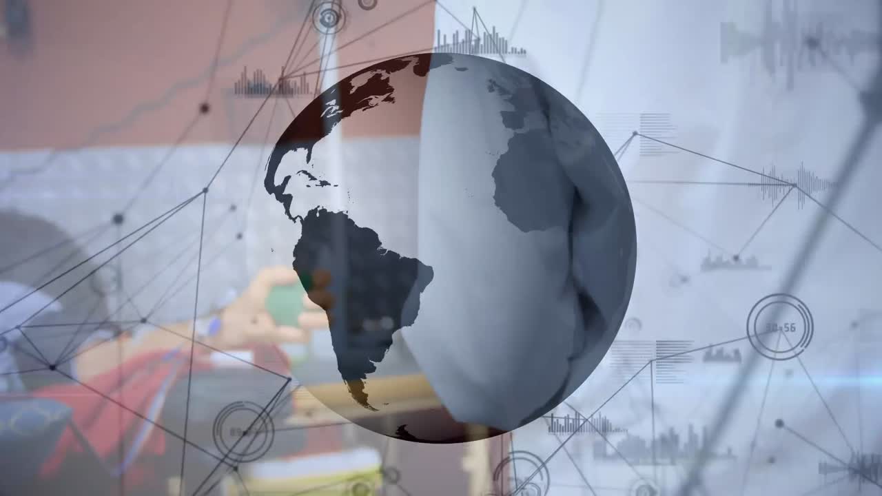 animación de la red de conexiones y el globo sobre el científico en el laboratorio