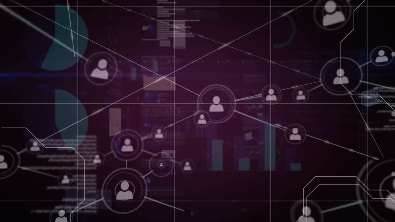 Animation of connected people icons with moving data information and graphs over a grid