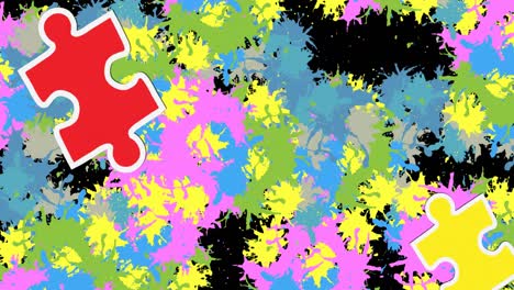 animation of puzzle falling over colourful stains