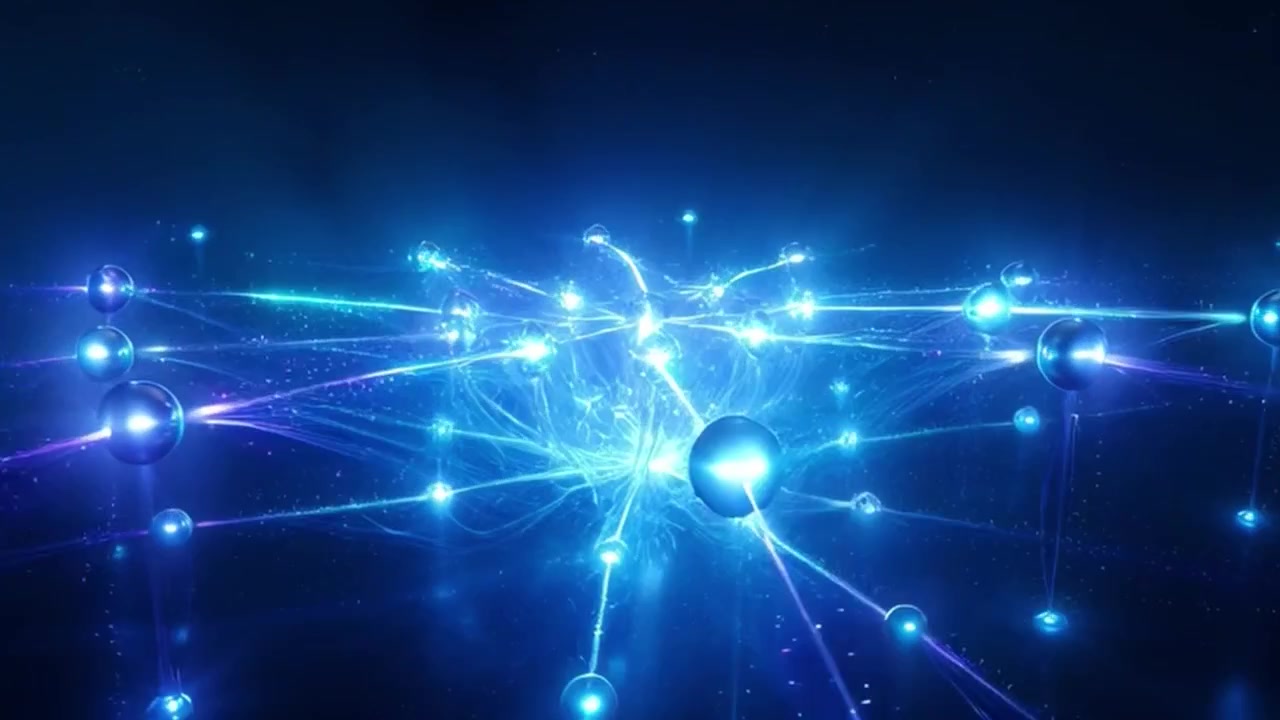 Abstract Digital Network Connection with Glowing Blue Spheres and Light Beams