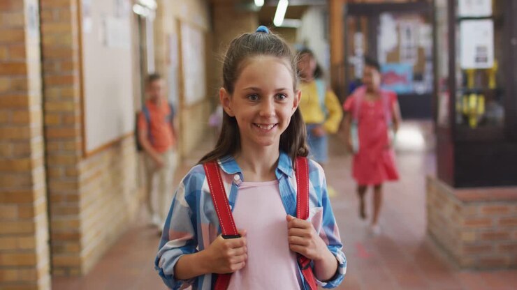 Retrato de una feliz escolar caucásica de pie en el pasillo, mirando a la cámara.