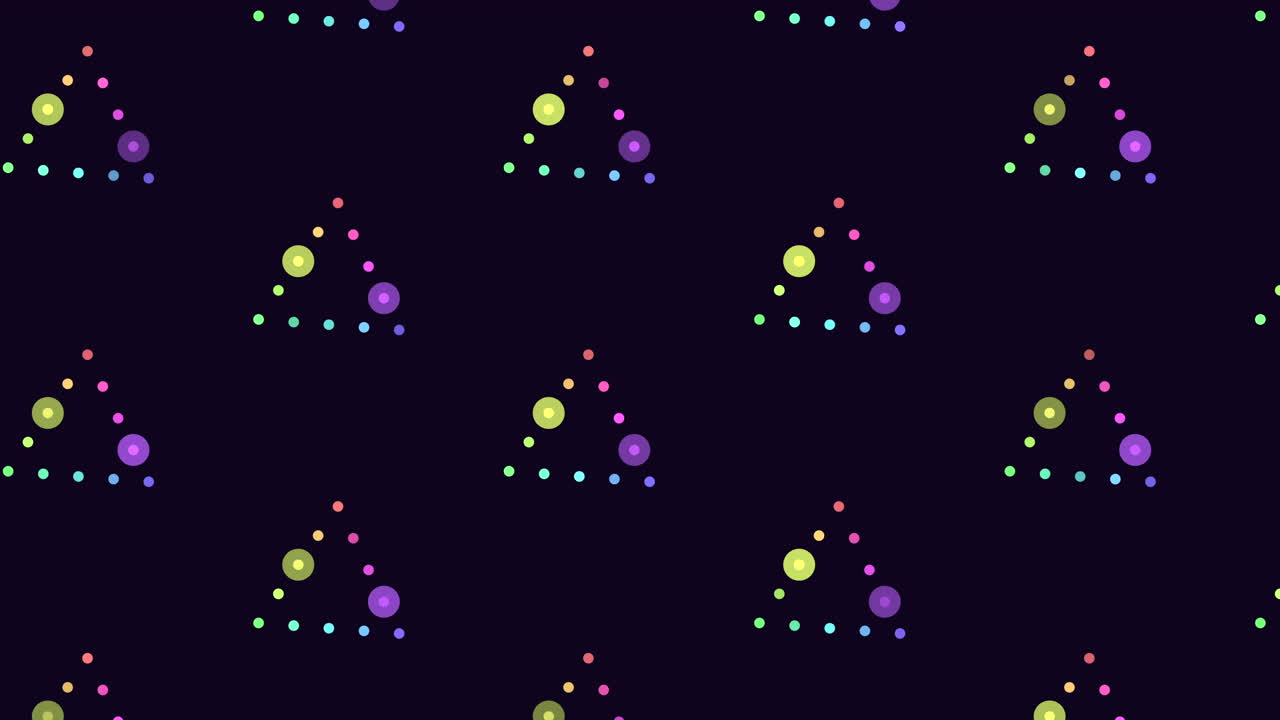 Astratto fluido con forme triangolari puntinate ripetute in colori neon vivaci su uno sfondo scuro, ideale come sfondo animato moderno per presentazioni, video musicali e progetti digitali.