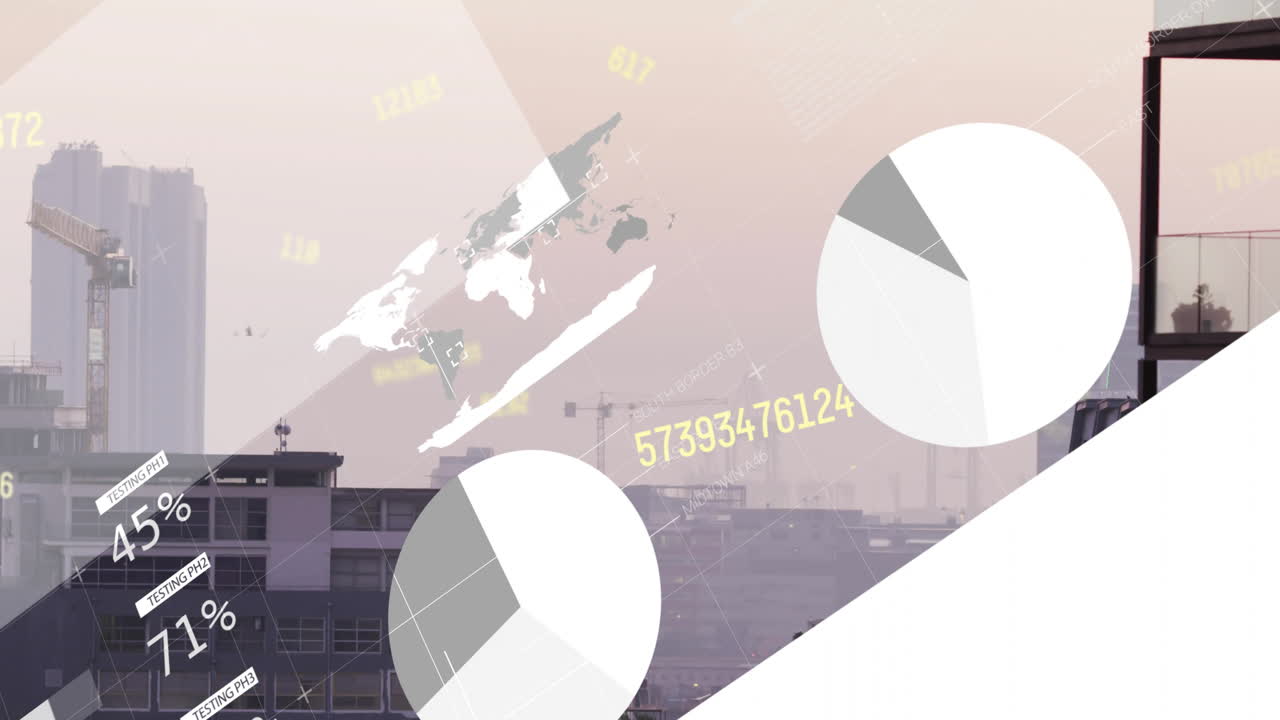 도시 풍경 위의 금융 데이터 처리 애니메이션