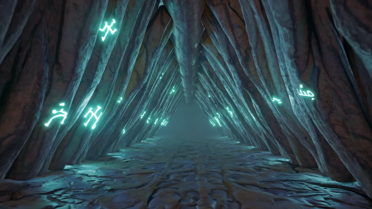 Mysterious Cave Tunnel with Glowing Runes