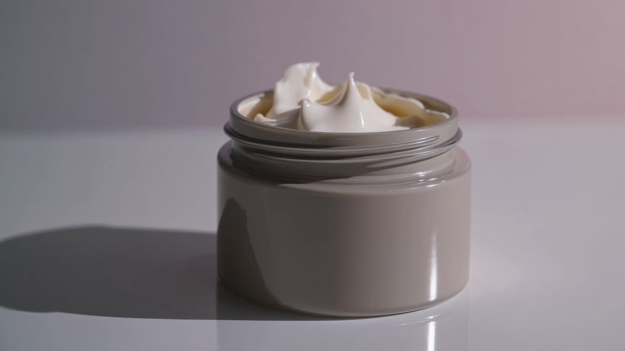 Close-up video shot of a cream jar on a reflective surface, highlighting texture and shadows