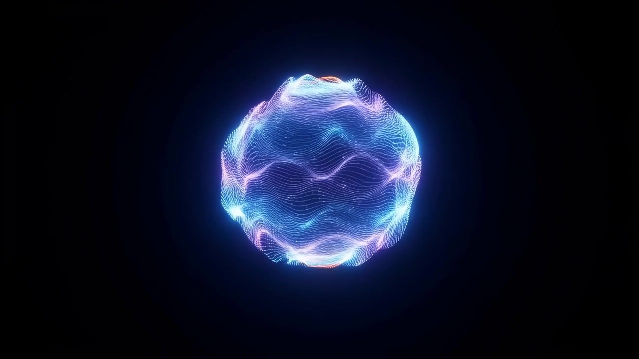 Luminous spherical orb made from fine glowing filaments and tiny particle points floats against deep black backdrop, with horizontal ripple bands, neon color shifts, and strong abstract contrast