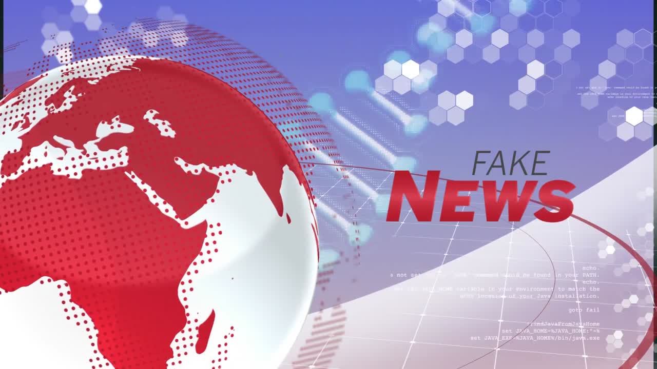 가짜 뉴스 텍스트, 글로브, 연결 네트워크 및 데이터 처리의 애니메이션