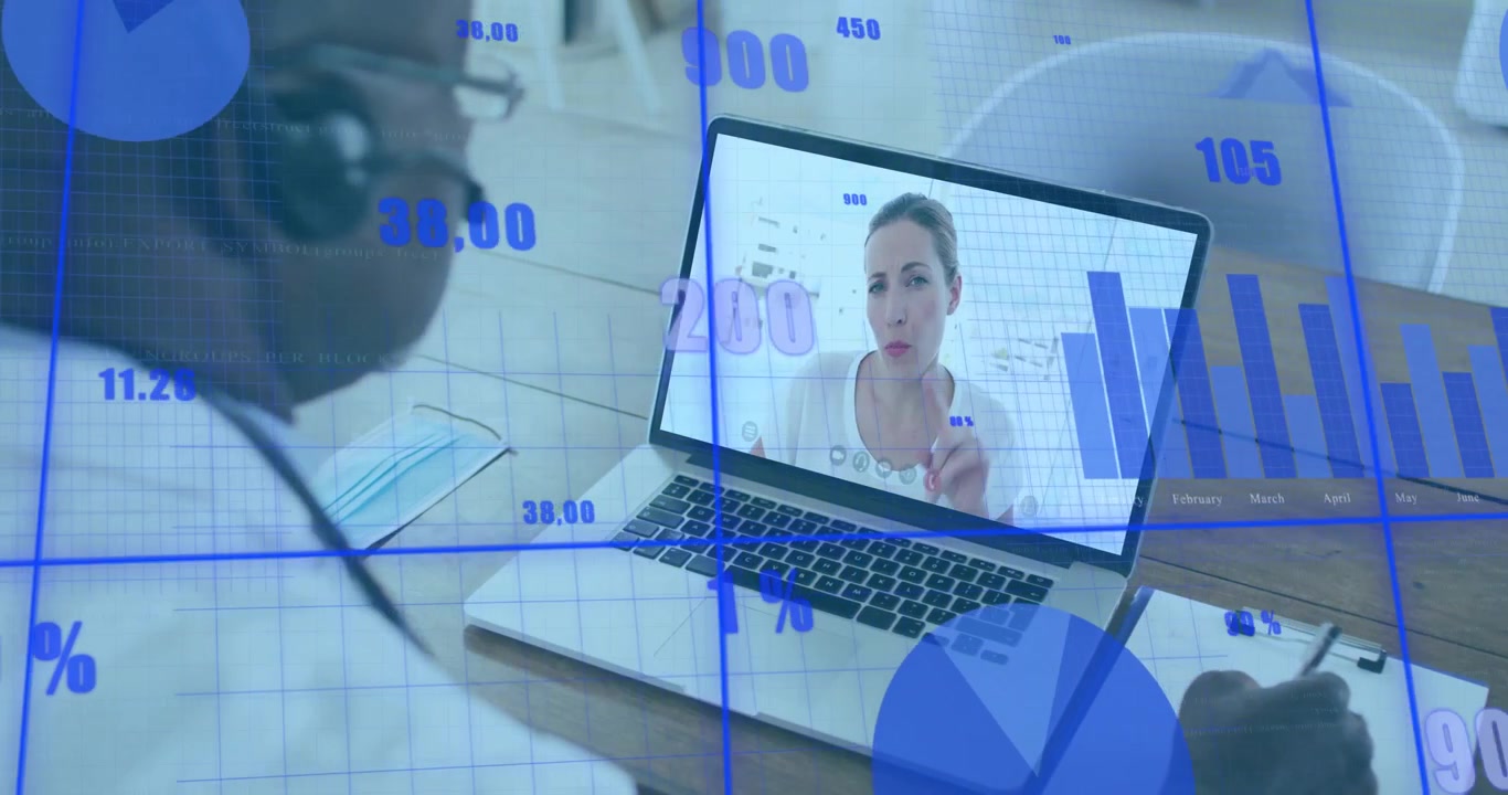 Doctor receiving consultant call, taking notes and using animated finance charts for budget review