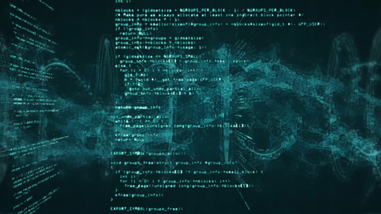 Animation of computer language and circles around dna helix over black background