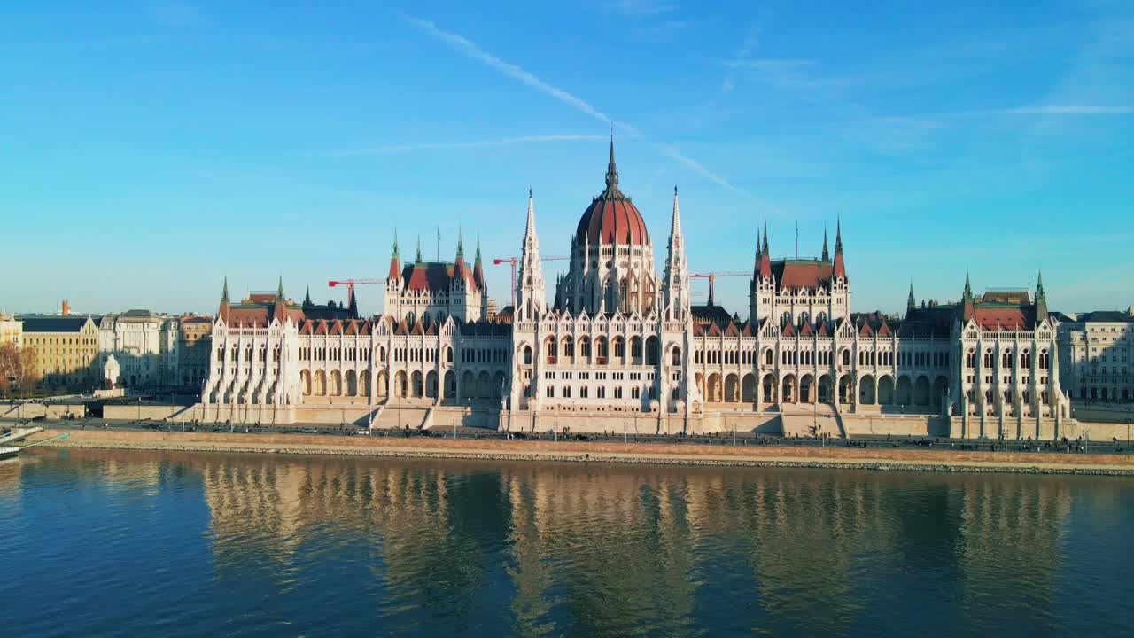 Hungarian Parliament reflected in the Danube river in Budapest on a clear day