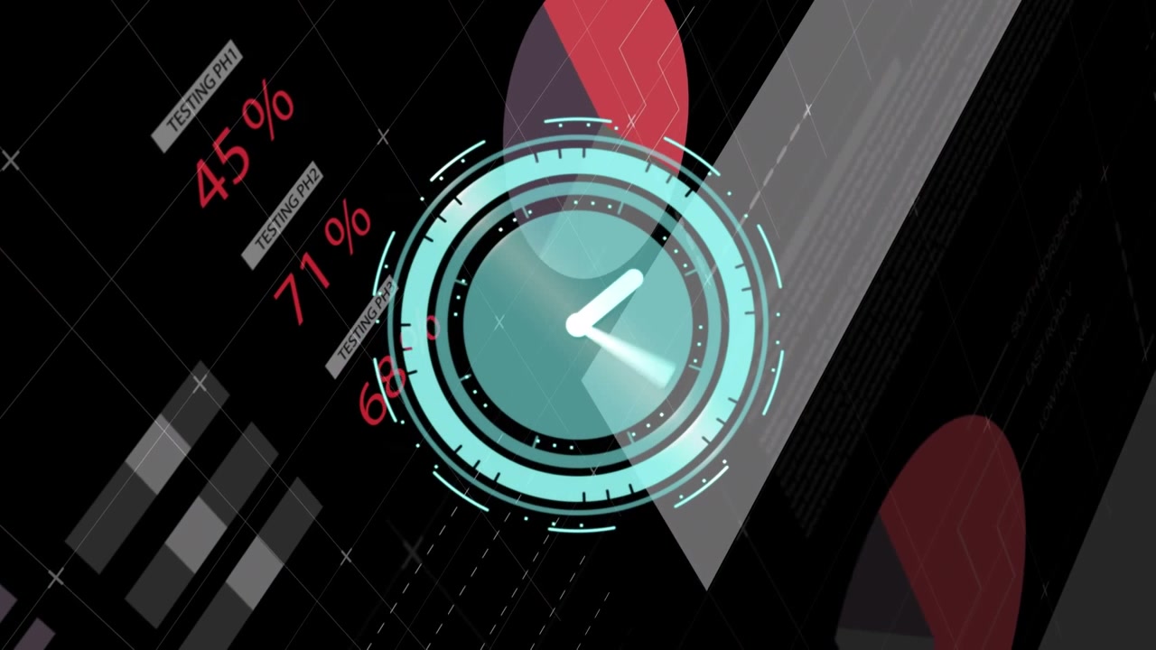 Animation of clock over graphs and data over black background