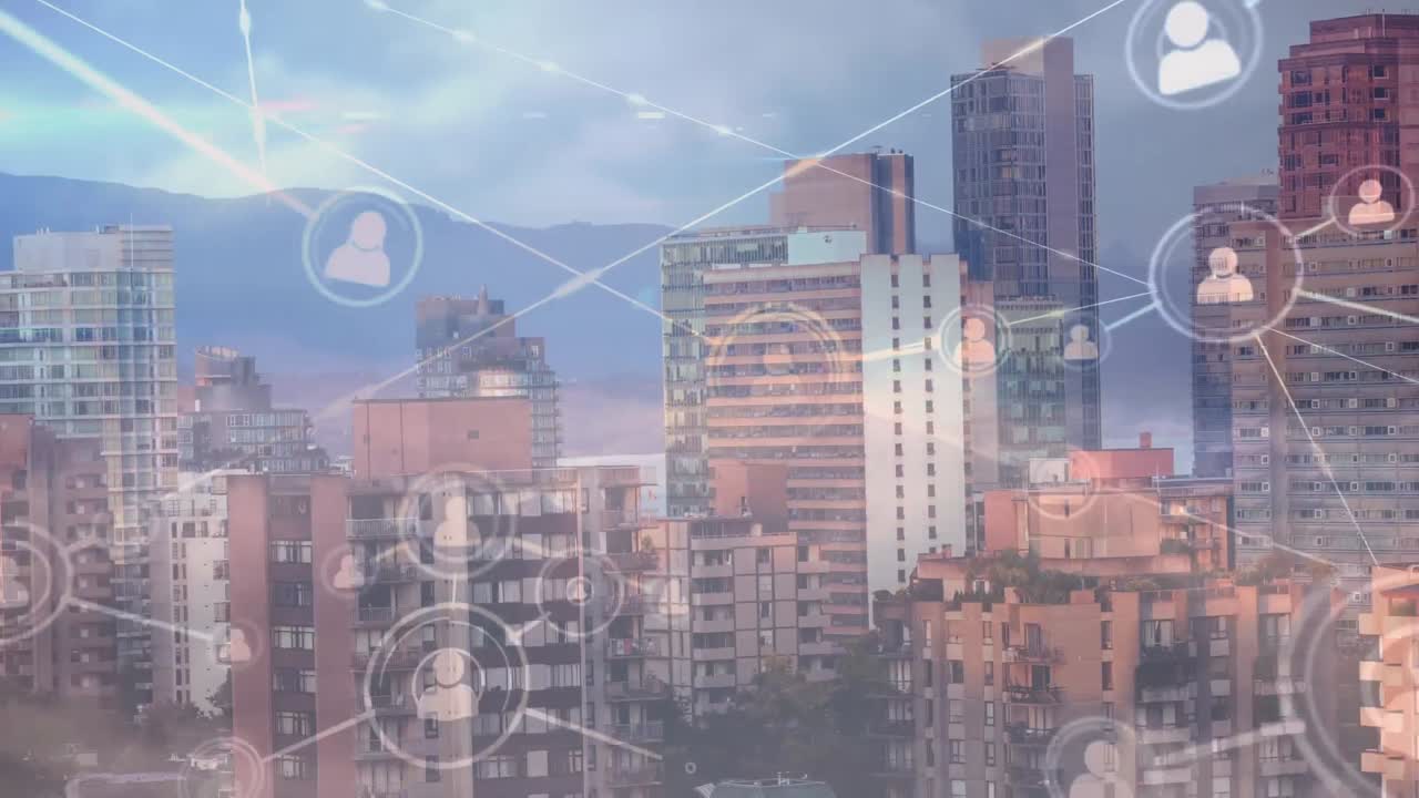 Animação de rede de conexões com ícones sobre a paisagem urbana