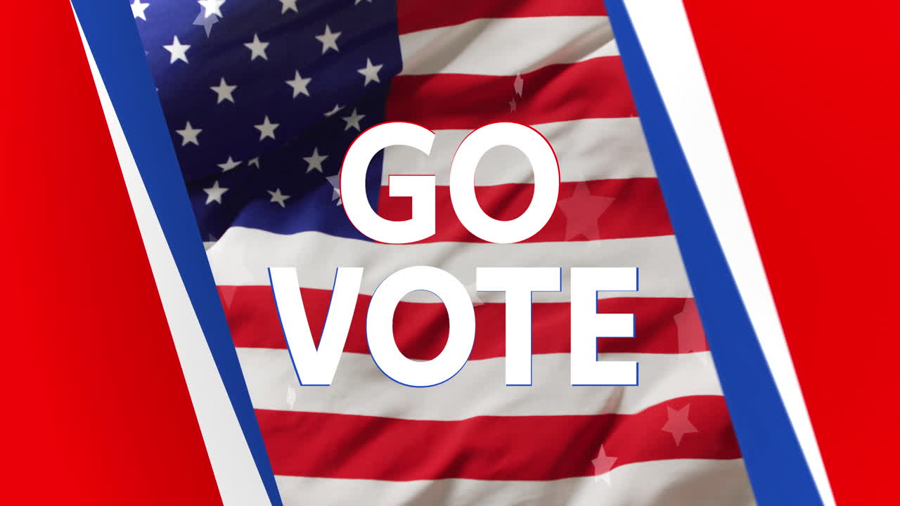 Animation of go vote text and american flag with happy diverse friends celebrating and waving flags