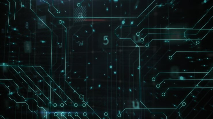 Animazione di connessioni di microprocessori e di elaborazione dati di cybersicurezza su sfondo nero