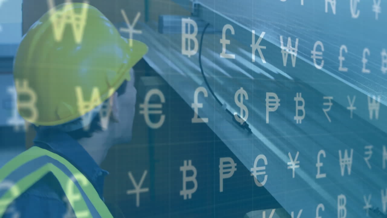 construction worker inspecting I-beams in warehouse with floating currency symbols showing finance