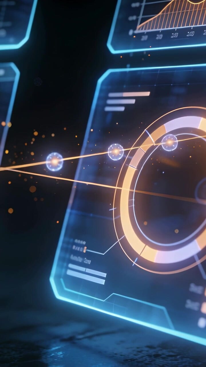 Vertical video: Play starting, holograms and orange beam moving in dim lab showing donut and nodes