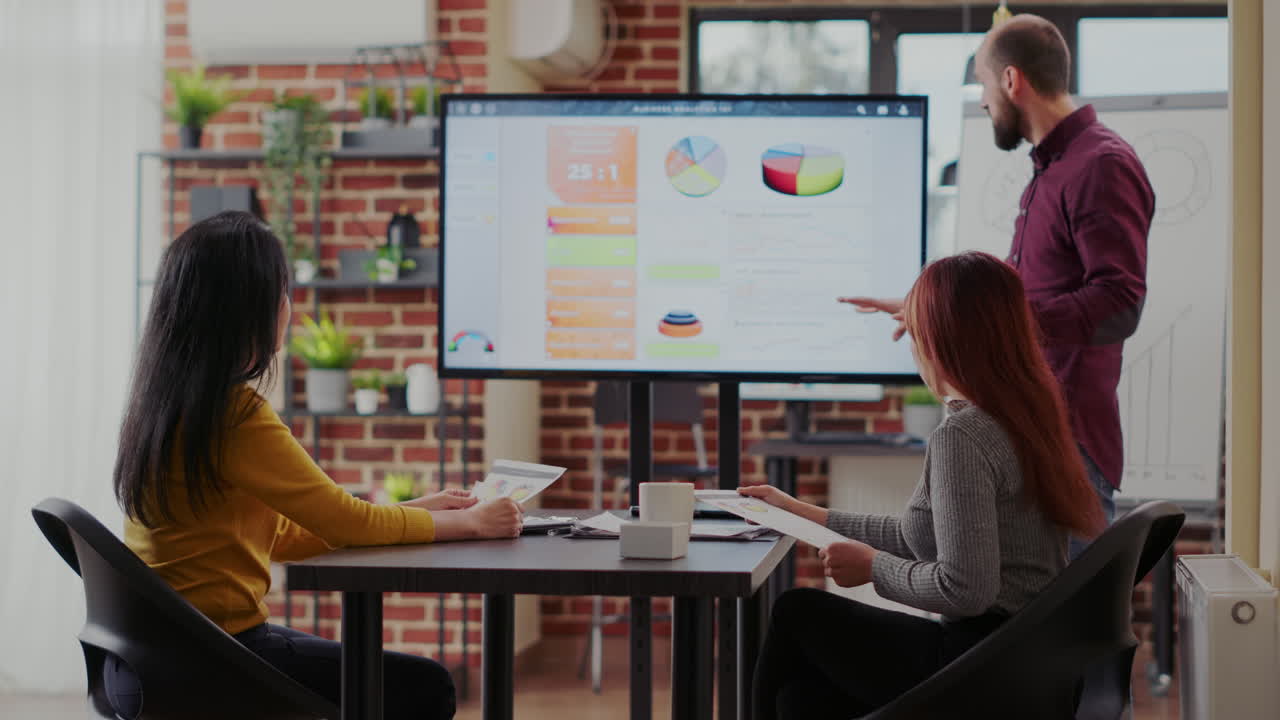 Business man doing financial presentation for partners in office