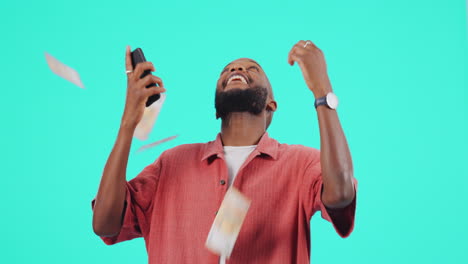 success, winner and money with black man