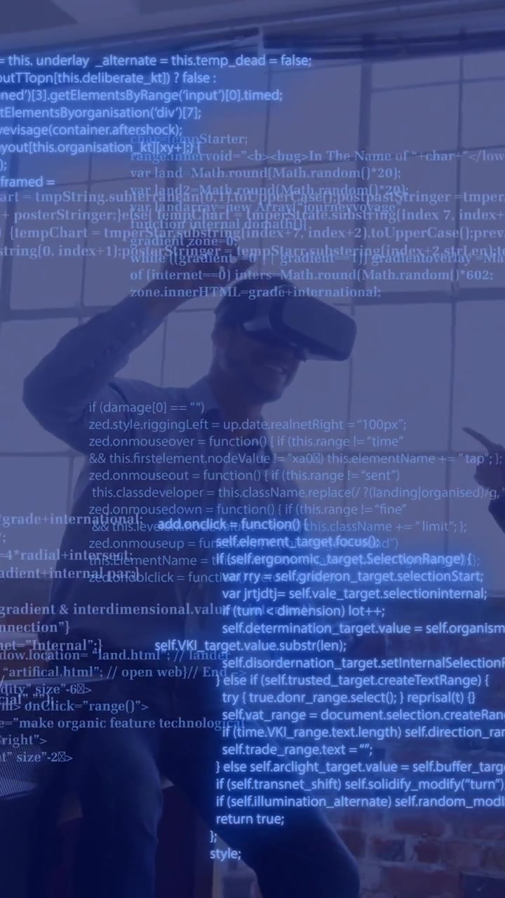 Celebrating business team in office with programming code animation over them