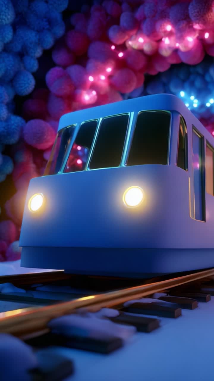 A vibrant and whimsical train glides along colorful tracks, surrounded by an enchanting backdrop of illuminated balloons and soft light, creating a surreal journey through a dreamlike tunnel