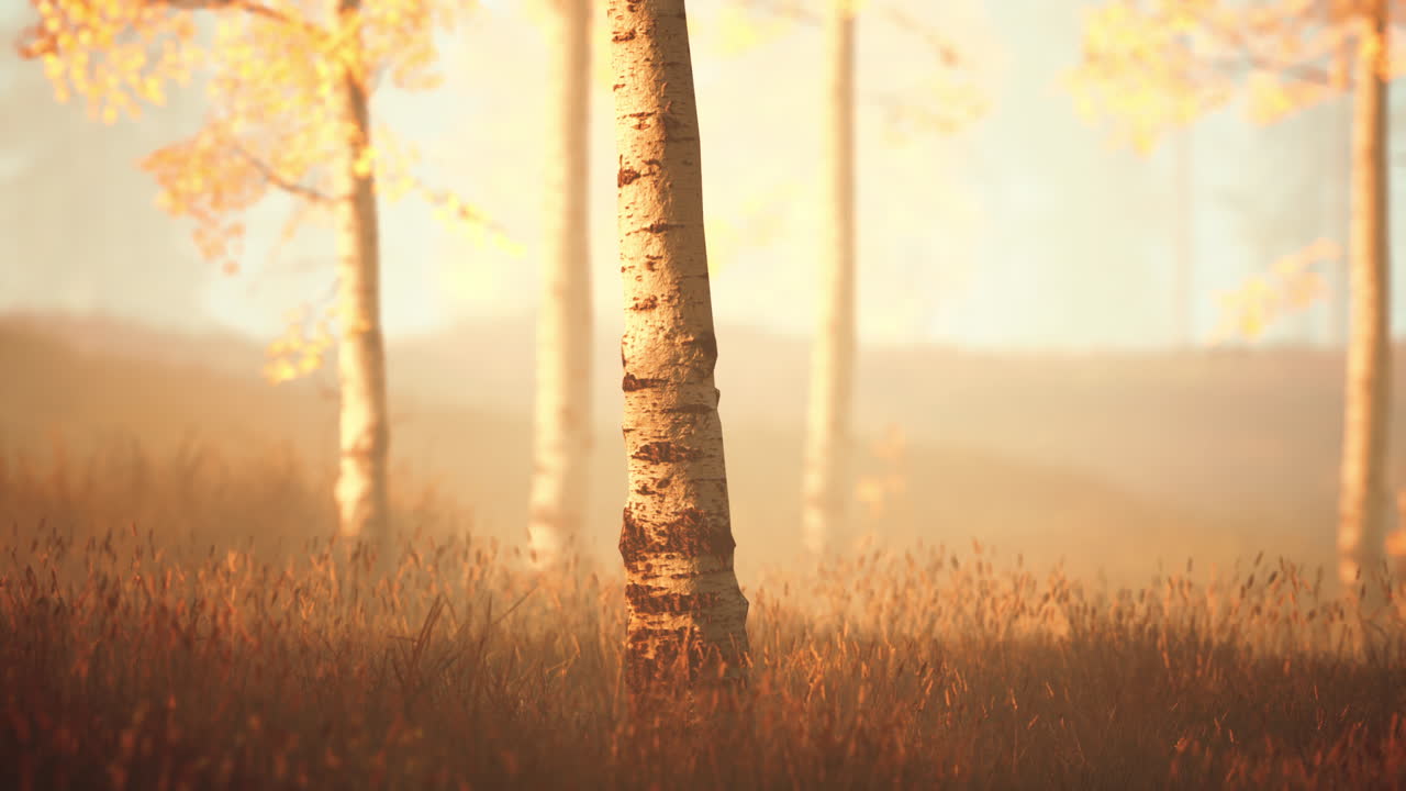 Sunrise fog in birch tree forest