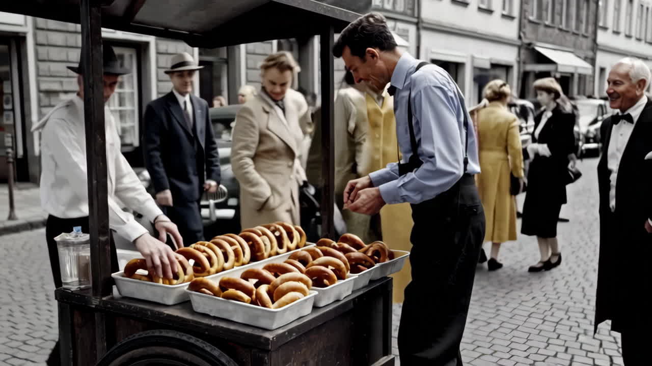 винтажная уличная сцена европейского города с людьми и крендельками