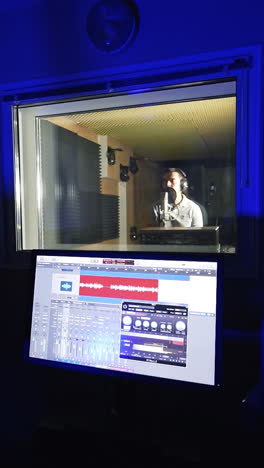 Dark room with modern equipment for music recording. Male singer stands in front of microphone performing a song. Vertical video