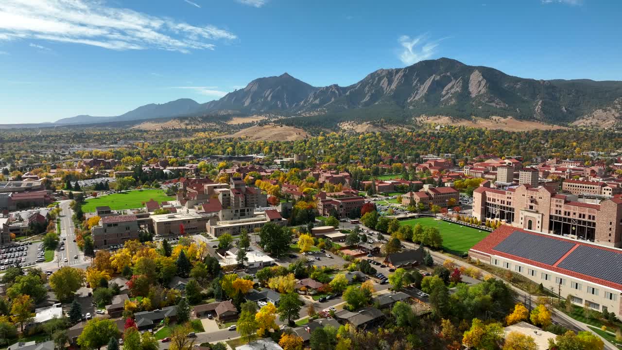 Aerial Drone view of University of Colorado Boulder on a bright fall day with changing leaves