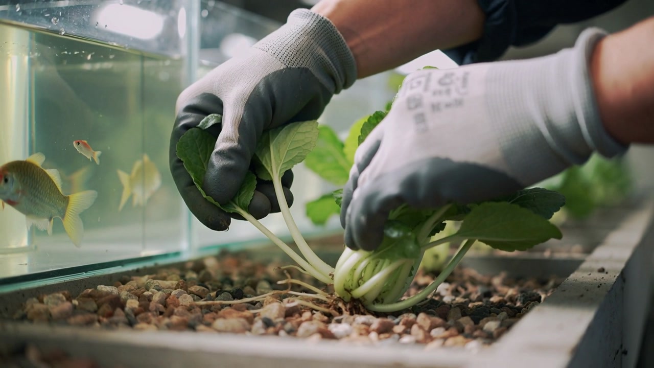 Reaching gloved hands lifting leafy plant, exposing roots and planting in gravel bed by fish tank