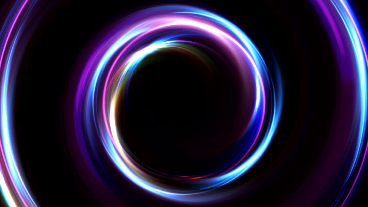 abstracto multicolor bucle sin costuras de neón fondo luminoso girando círculos brillantes. negro elegante. halo alrededor. energía aislada. chispas partícula. túnel espacial. led color elipse. brillo brillante.
