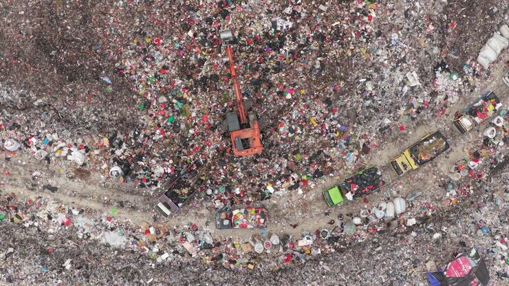 Veduta aerea dall'alto che mostra un convoglio di camion della spazzatura che si muove attraverso un'enorme discarica a cielo aperto, con un escavatore che sposta enormi pile di plastica e altri rifiuti non riciclabili.