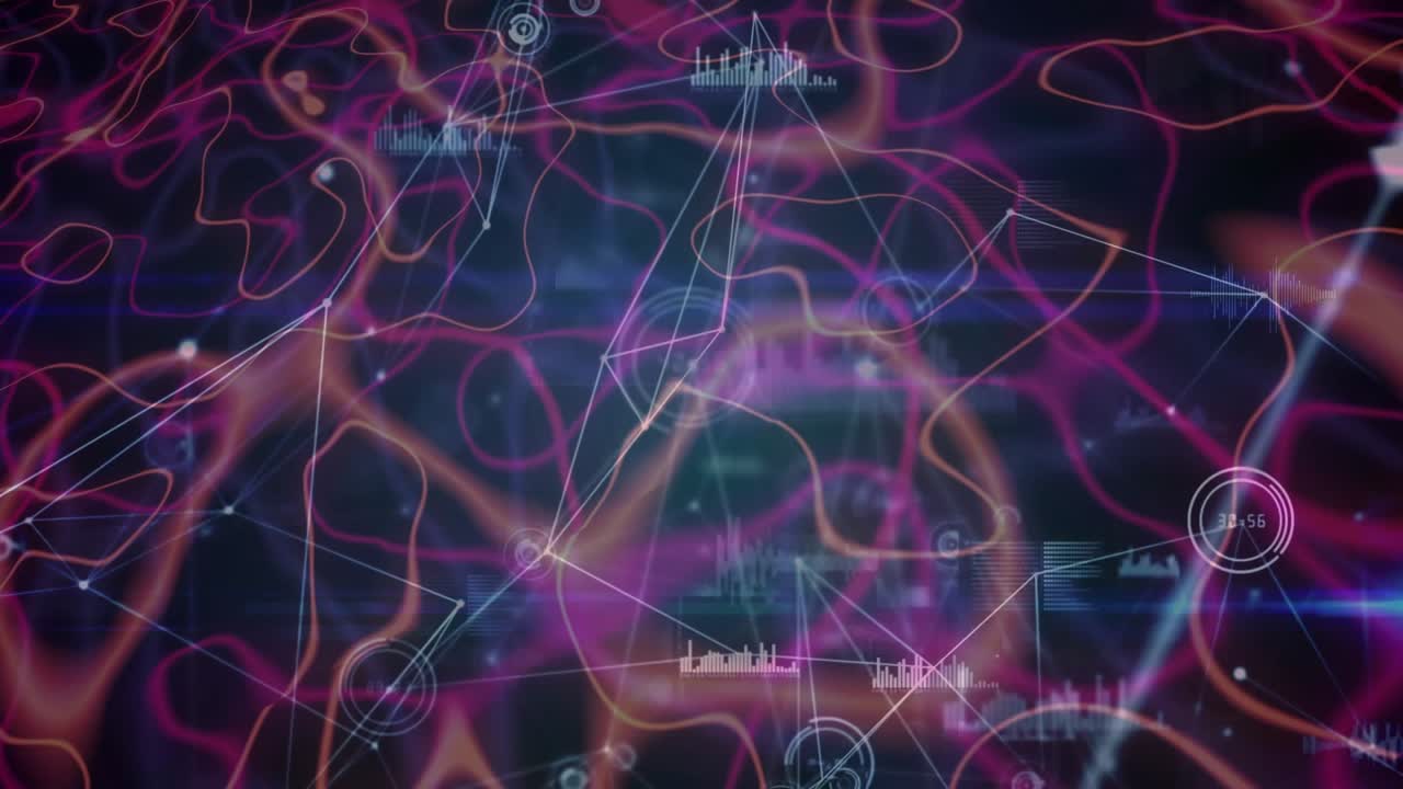 On starting glowing waves swirling on dark field while white nodes linking to data mapping charts