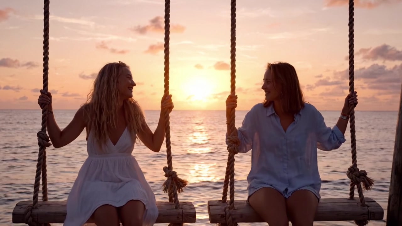 Twee vrouwen genieten van een serene zonsondergang op schommels aan de kust, een moment van vriendschap en rust vastleggend tegen een pittoreske strandachtergrond.